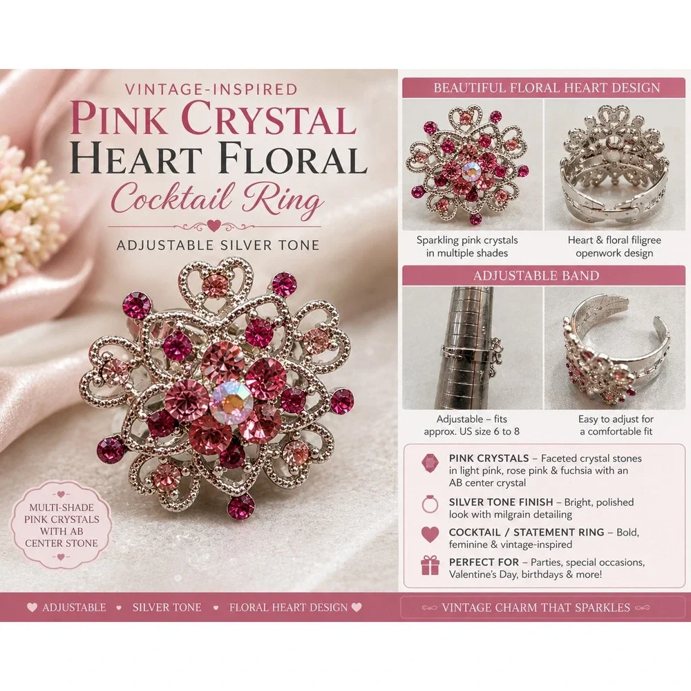 Pink Crystal Heart Floral Cocktail Ring Adjustable Silver Tone Statement Jewelry